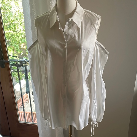 Saks Fifth Avenue White Long-Sleeve Cold-Shoulder Shirt Large - Picture 2 of 11